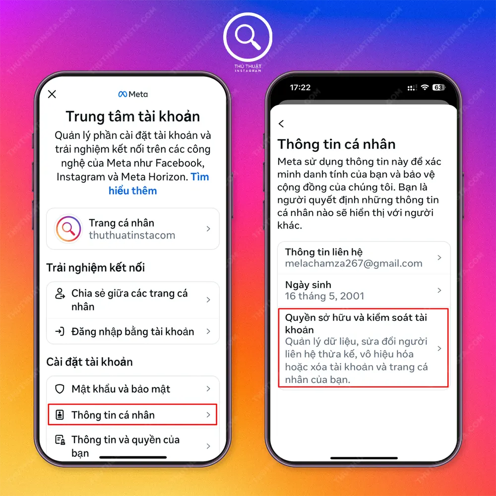 Bước 3: Chọn “Thông tin cá nhân” → Chọn “Quyền sở hữu và kiểm soát tài khoản” (Iphone)