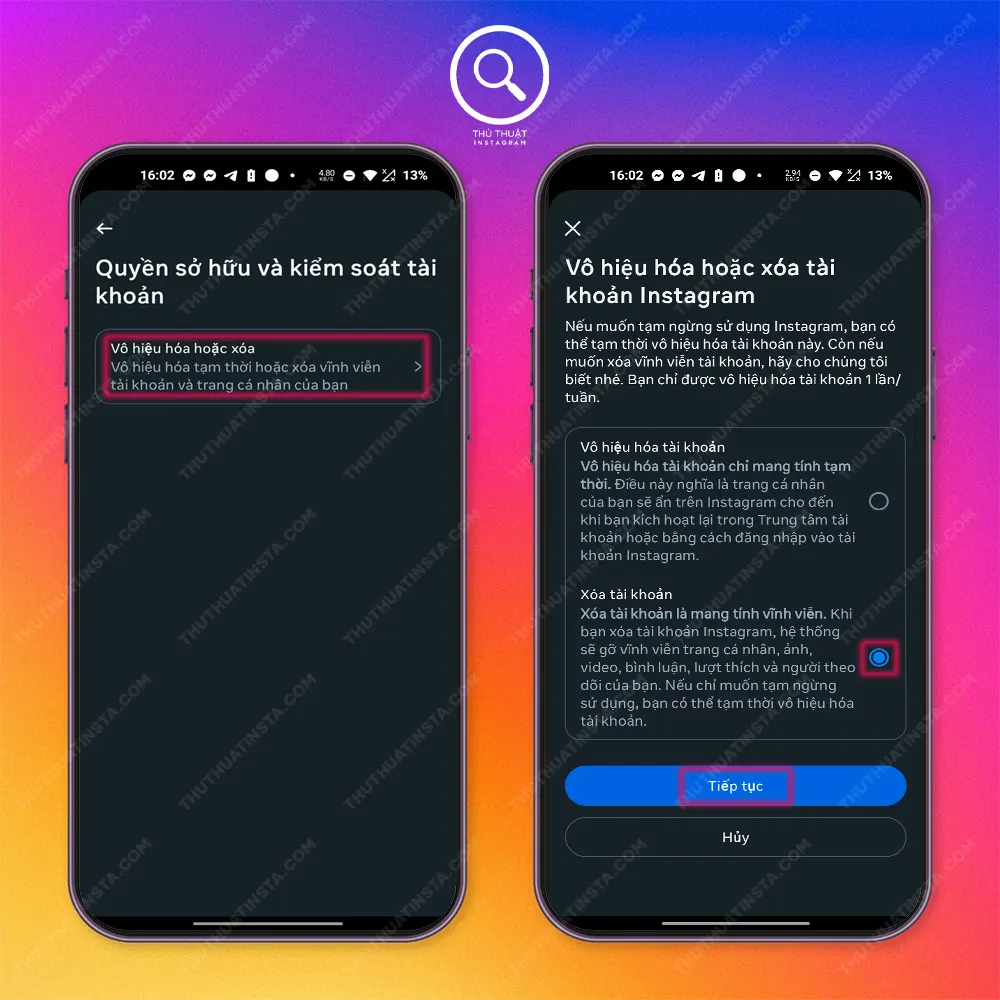 Bước 4: Chọn “tài khoản cần xóa” → “Vô hiệu hóa hoặc xóa” (Android)