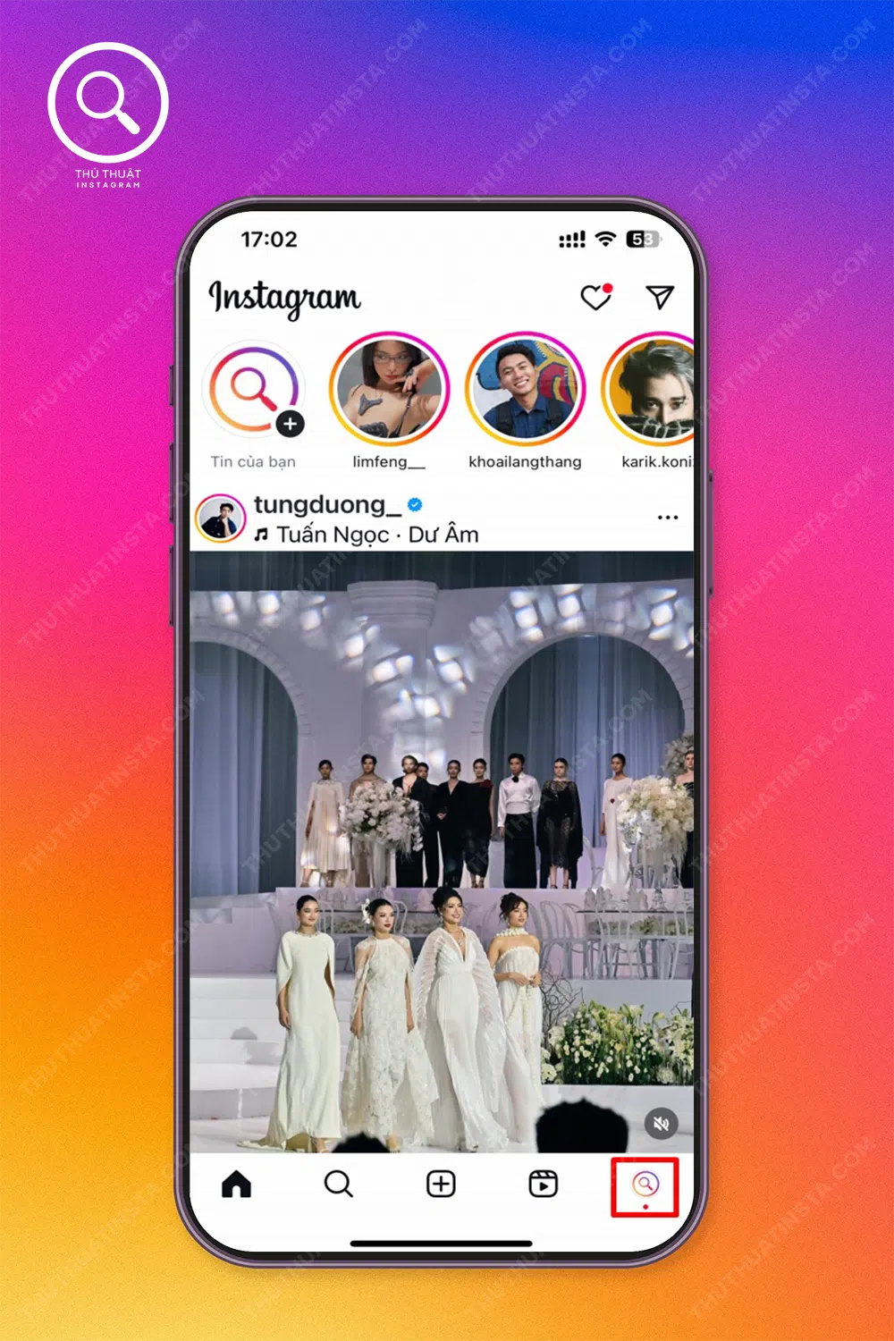 Bước 1: Mở instagram → Chọn “Biểu tượng avatar” phía dưới góc trái màn hình.