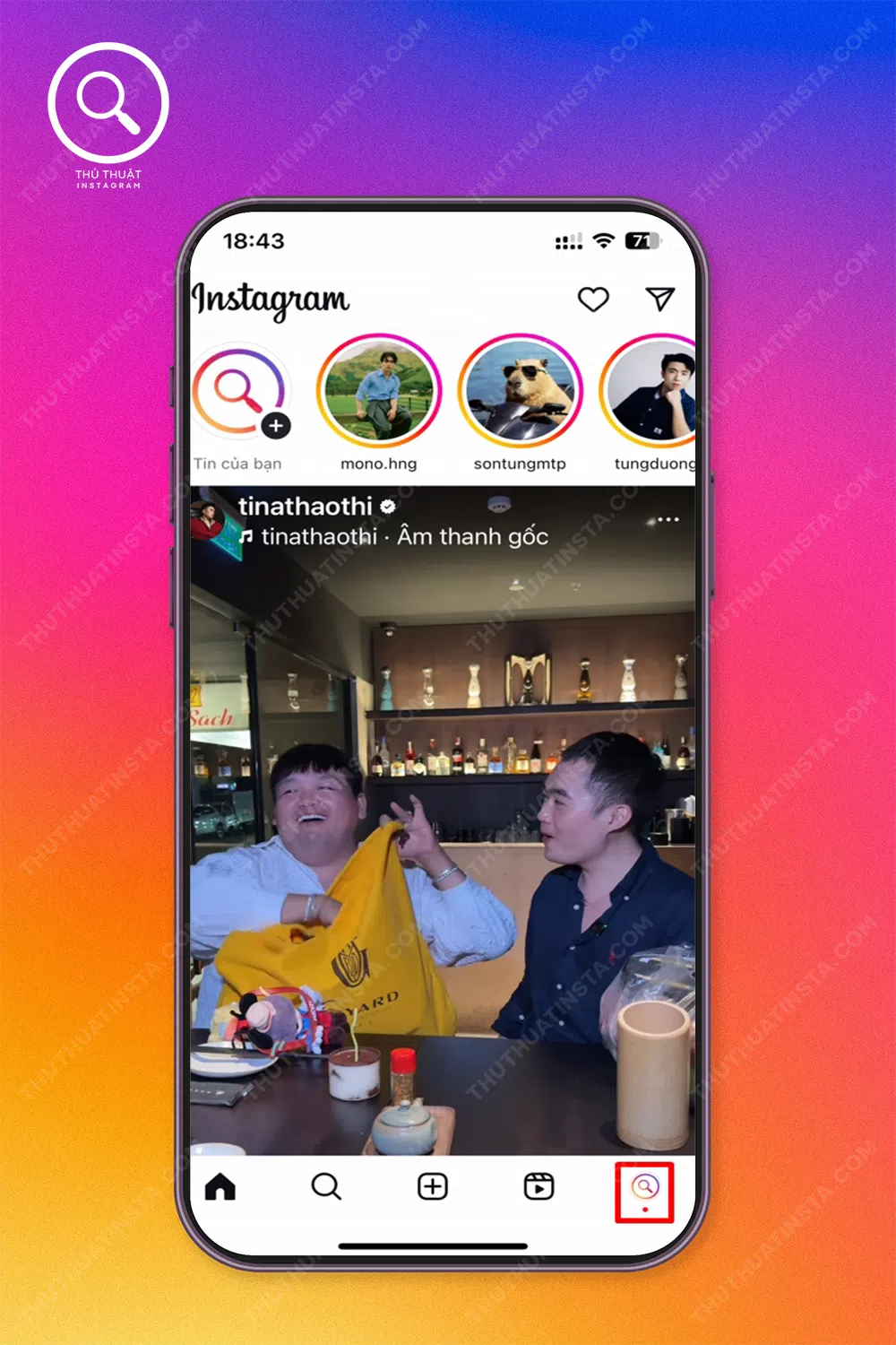 Bước 1: Truy cập instagram → Chọn “Biểu tượng avatar” góc dưới bên trái màn hình.