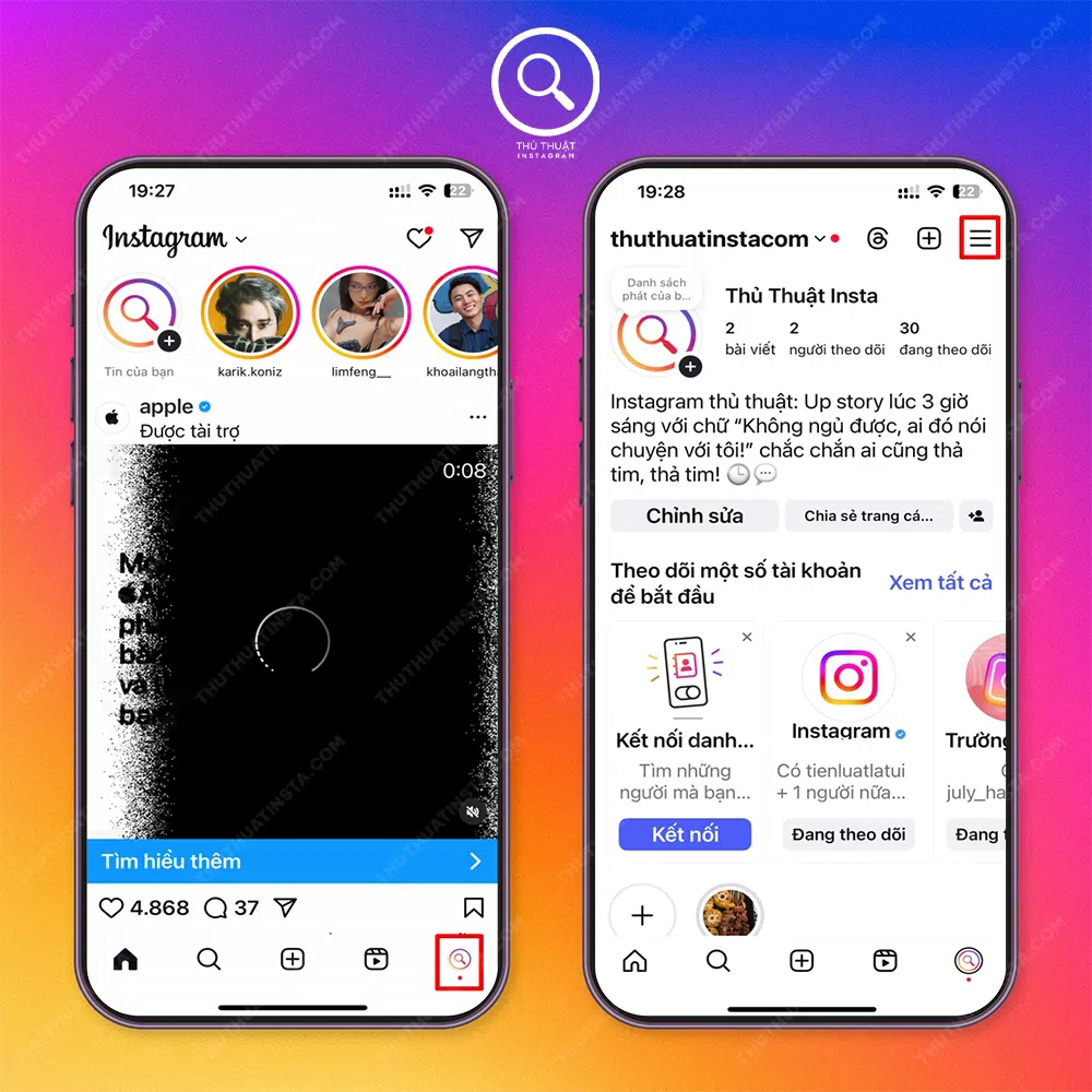 Bước 1: Mở instagram → Chọn “Biểu tượng avatar” góc dưới bên trái màn hình → Chọn “Biểu tượng 3 dấu gạch ngang” phía trên bên phải màn hình.