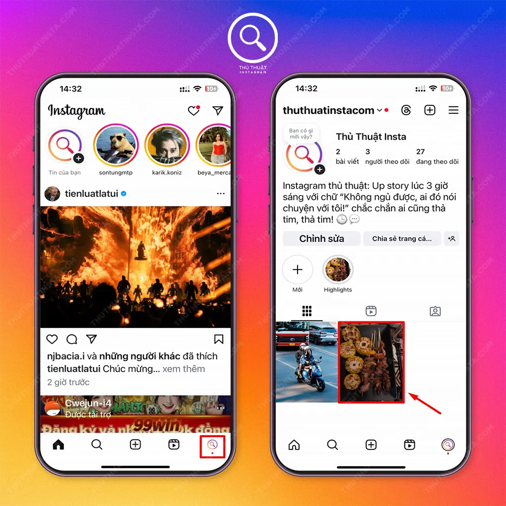 Bước 1: Mở instagram → Chọn “Biểu tượng avatar” → Chọn “Bài viết cần ẩn trên instagram”.