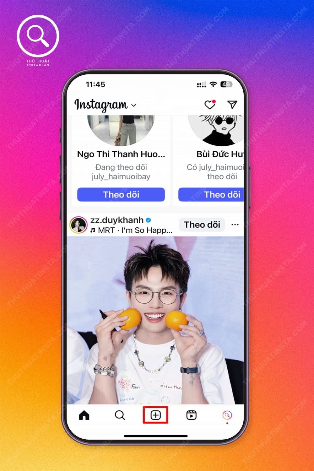 Bước 1: Truy cập instagram → Chọn “ Biểu tượng dấu cộng” để đăng bài viết.