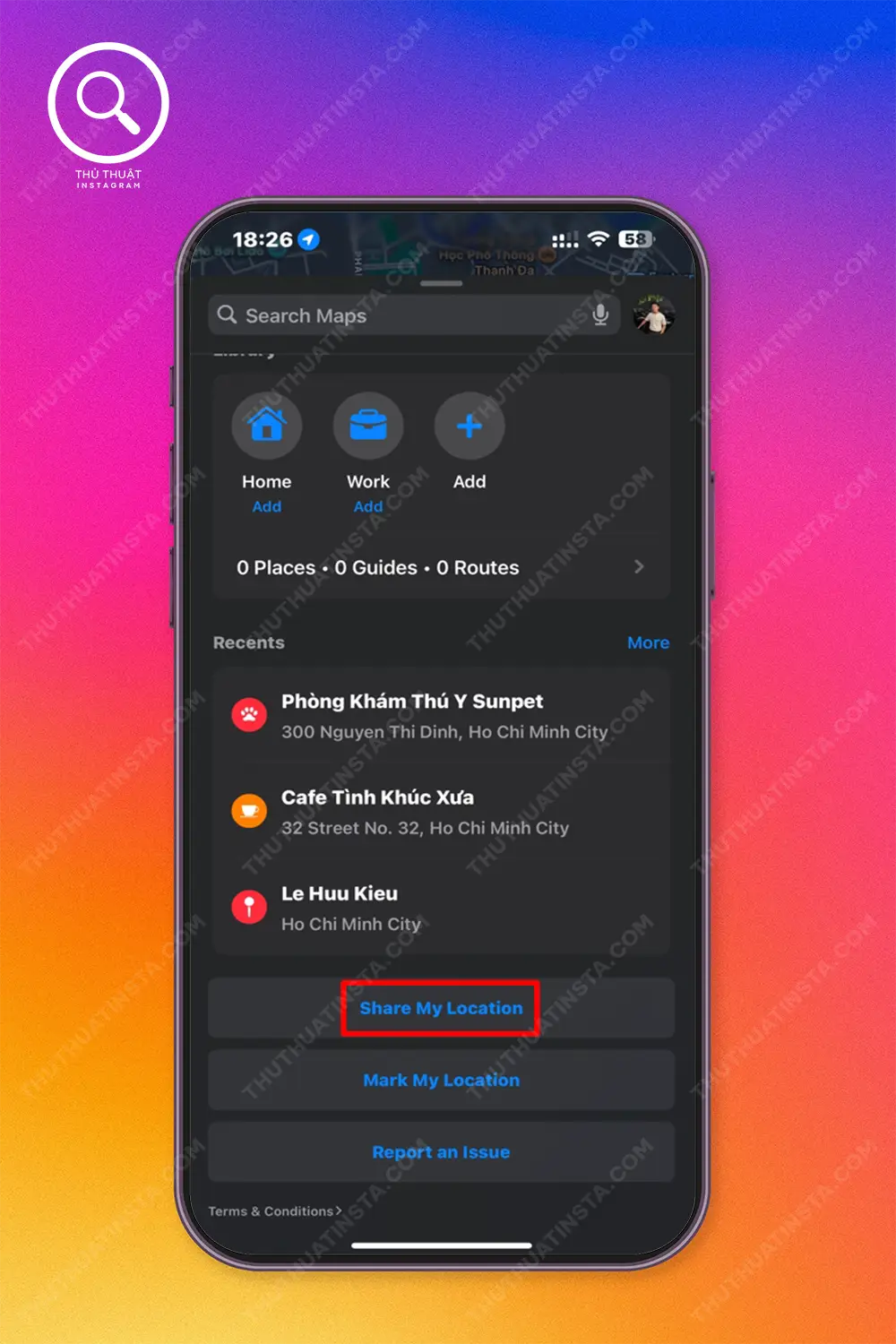 Bước 1: Vào Apple Maps > Chọn Chia sẻ vị trí của tôi > Chọn Instagram.