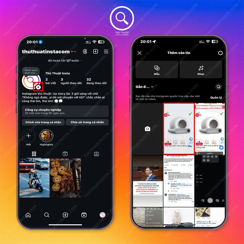 Bước 1: Truy cập vào Instagram > Chọn dấu cộng dưới avatar của mình > Chọn ảnh muốn đăng.