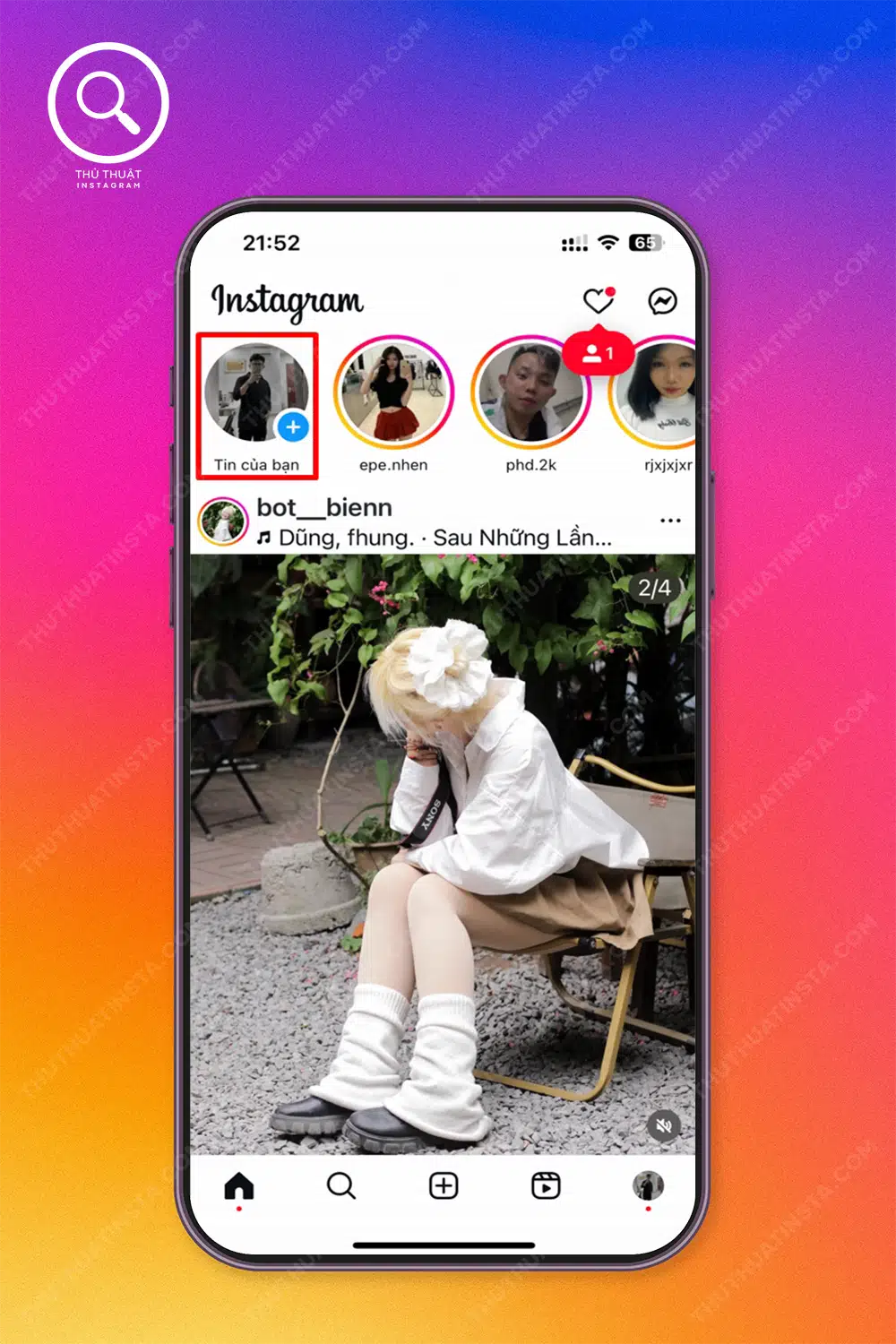 Bước 1: Mở instagram → Chọn “Tin của bạn”.Bước 2: Chọn “Biểu tượng camera” → Chọn “Thước phim” → Chọn “Mũi tên xuống”.