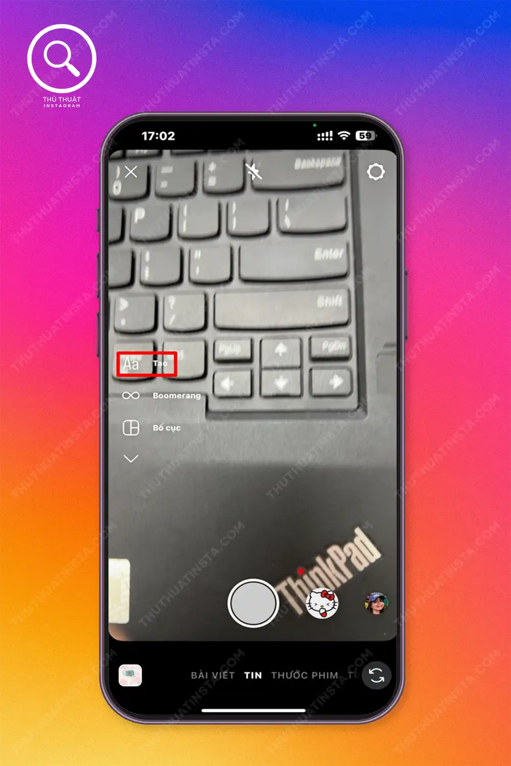 Bước 1: Truy cập vài Instagram và vuốt sang trái để mở camera > Chọn biểu tượng Aa.
