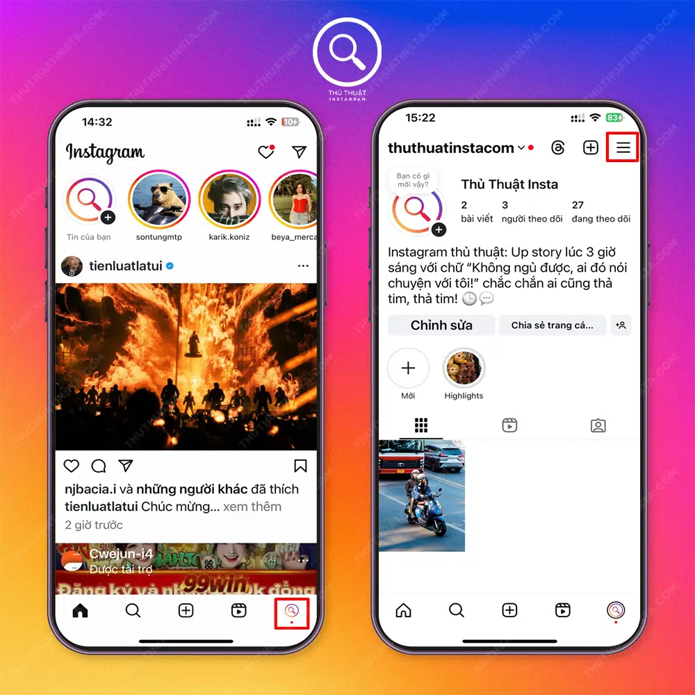 Bước 1: Truy cập instagram → Chọn “Biểu tượng avatar” → Chọn “Biểu tượng 3 dấu gạch ngang”.