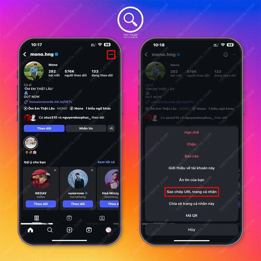 Bước 1: Chọn Instagram bạn đang muốn lấy link > Chọn dấu 3 chấm ở góc phải > Sao chép URL hồ sơ.