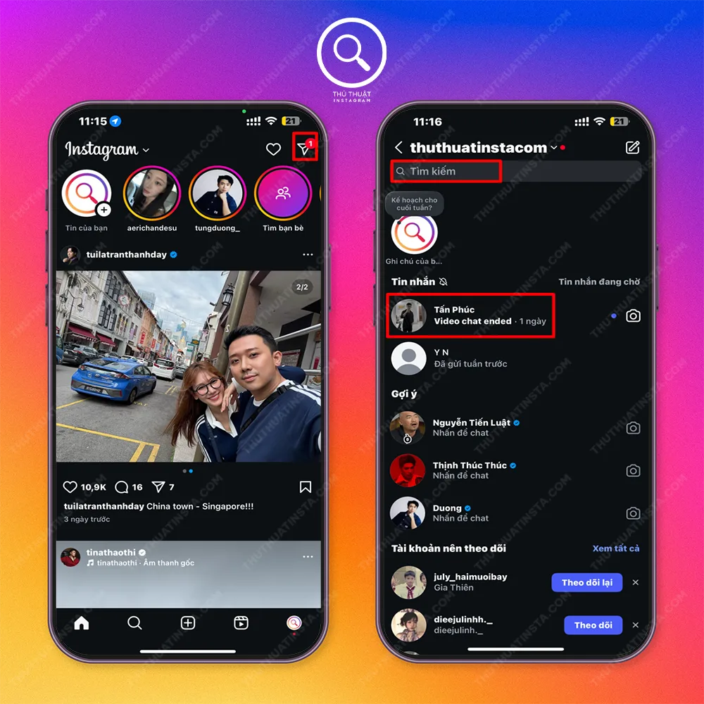 Bước 1: Chọn vào biểu tượng Messenger hoặc máy bay giấy > Chọn hoặc tìm kiếm tên người dùng bạn muốn nhắn tin.
