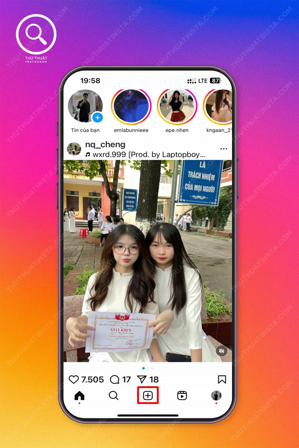 Bước 1: Truy cập ứng dụng Instagram → Chọn “Biểu tượng dấu +”.