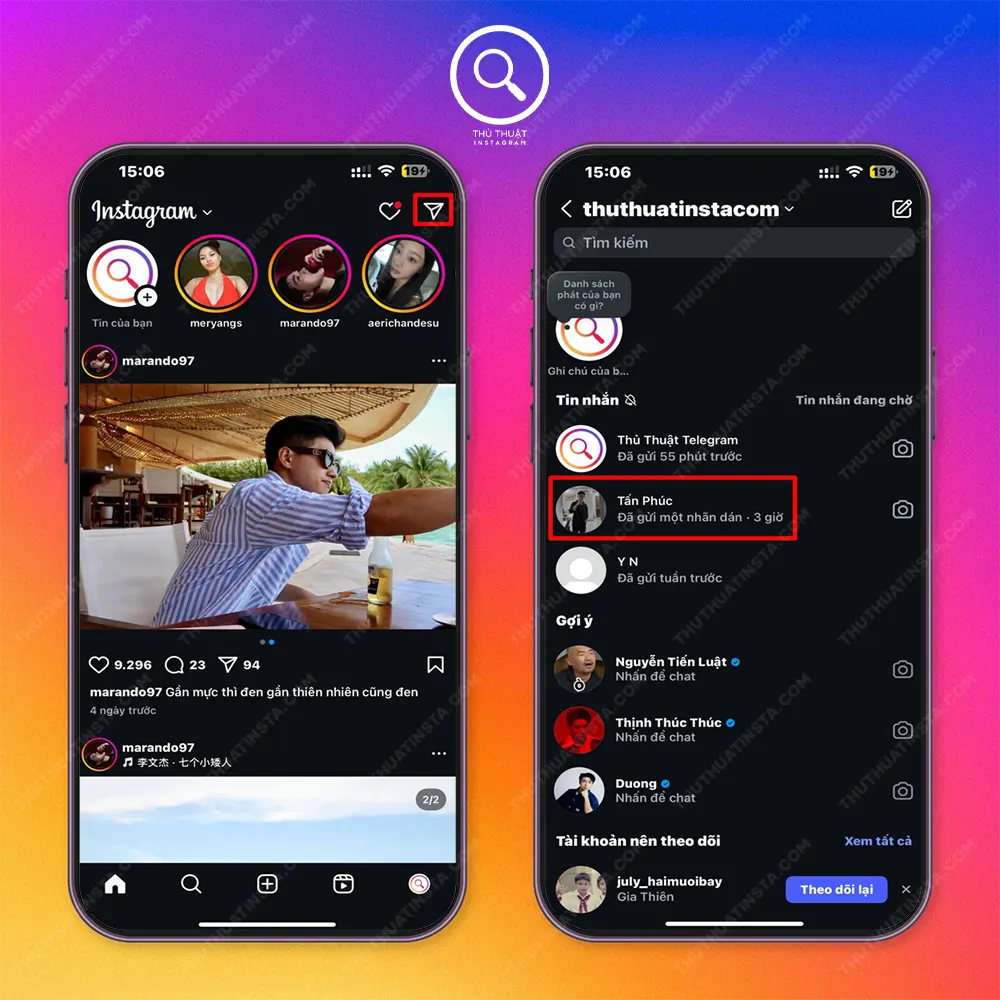 Bước 1: Chọn vào biểu tượng Messenger hoặc máy bay giấy > Tìm kiếm hoặc chọn người bạn muốn nhắn.