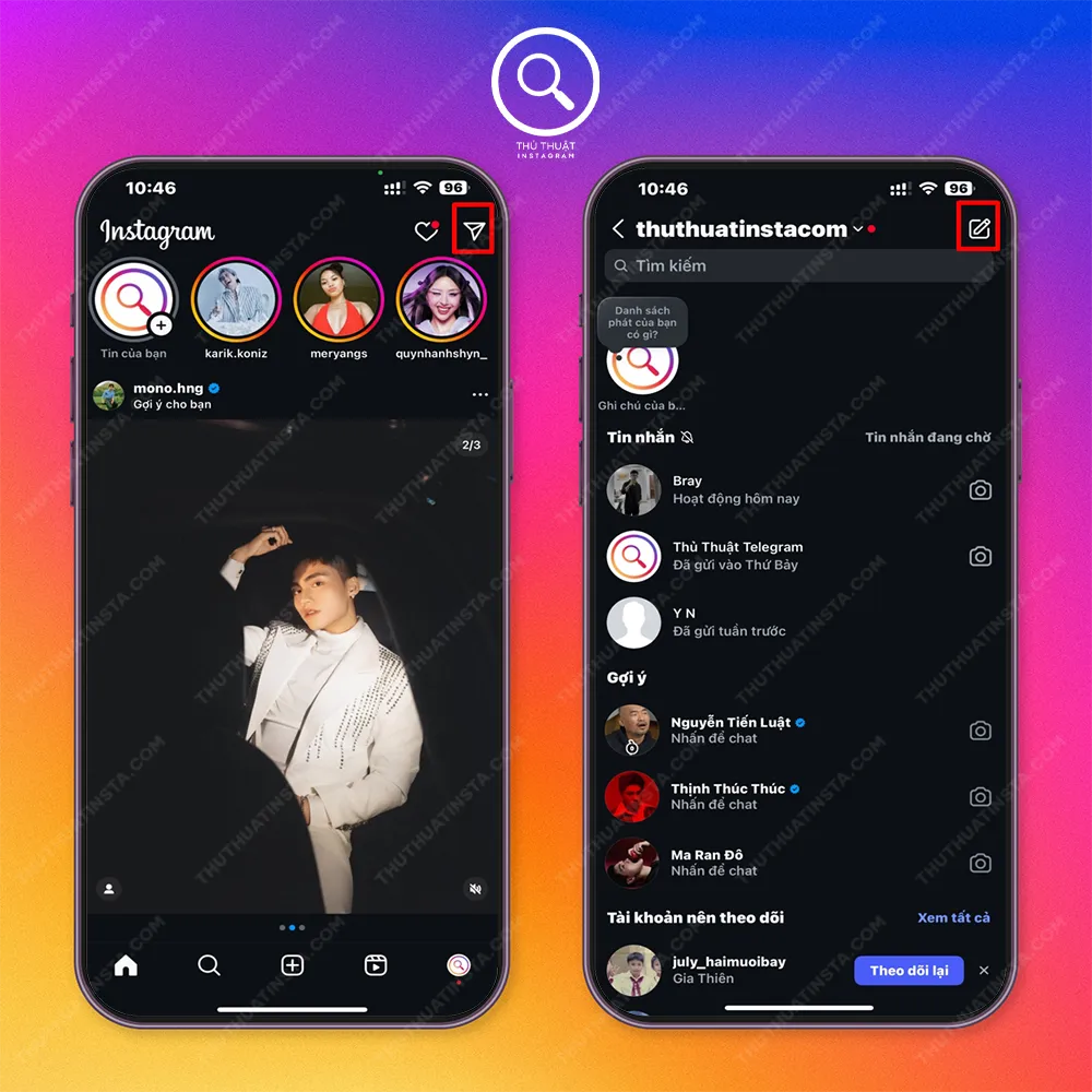 Bước 1: Chọn vào biểu tượng Messenger hoặc máy bay giấy > Tạo tin nhắn mới.