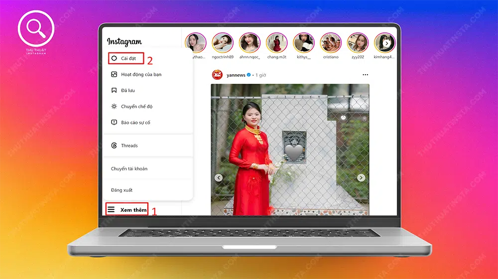 Bước 1: Truy cập instagram → Chọn “Xem thêm” → Chọn “Cài đặt”.