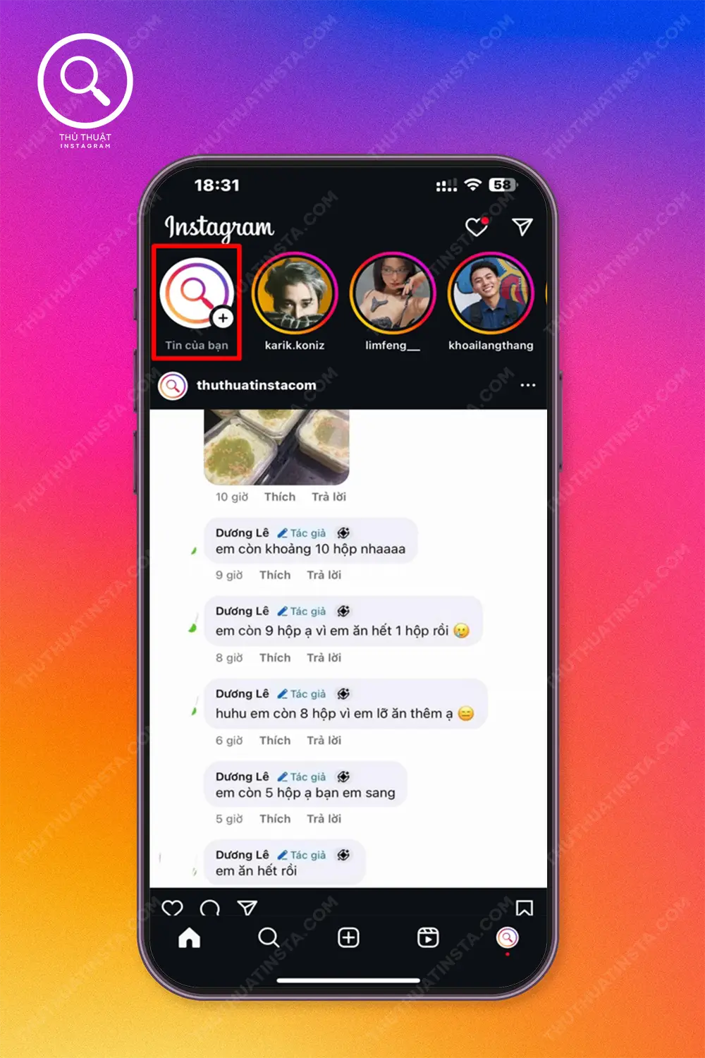 Bước 1: Mở Instagram > Chọn Tin của bạn bên trái màn hình.