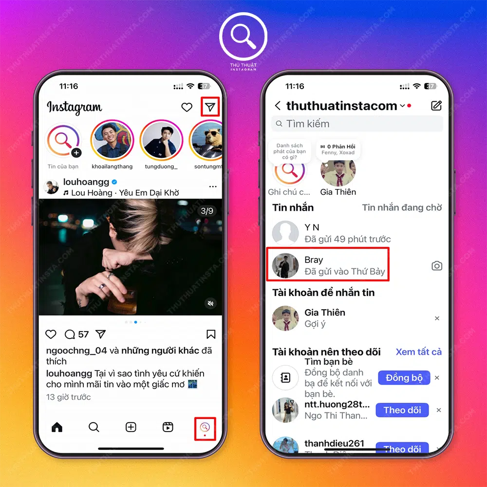 Bước 1: Truy cập vào Instagram → Chọn “Biểu tượng tin nhắn”.