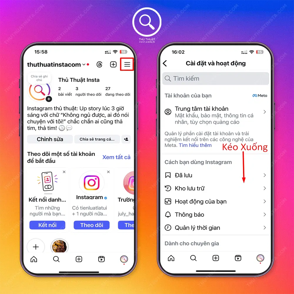 Bước 1: Mở instagram → Chọn “Biểu tượng avatar” bên dưới góc phải màn hình → Chọn ”Biểu tượng 3 dấu gạch ngang phía trên bên phải màn hình → “Kéo Xuống”.