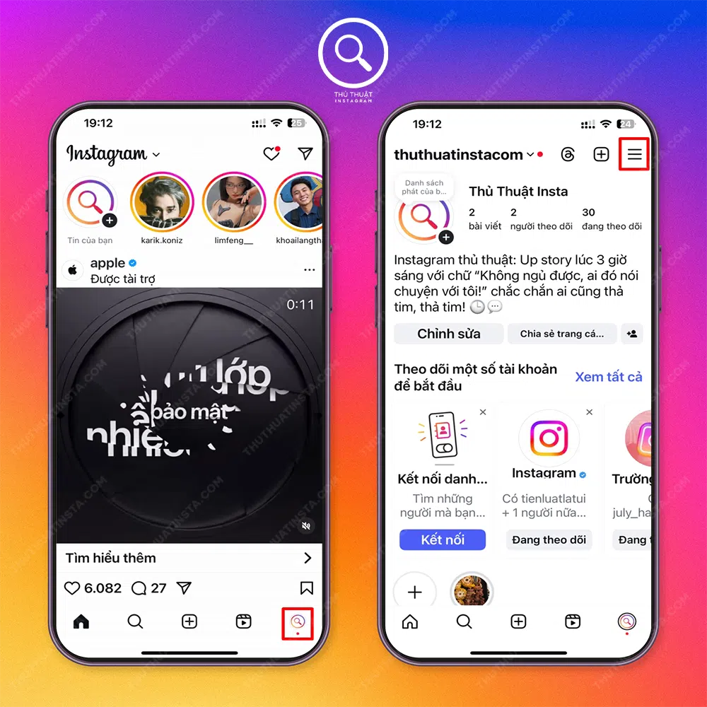Bước 1: Mở instagram → Chọn “Biểu tượng avatar” góc dưới bên trái màn hình → Chọn “Biểu tượng 3 dấu gạch ngang” phía trên bên phải màn hình.
