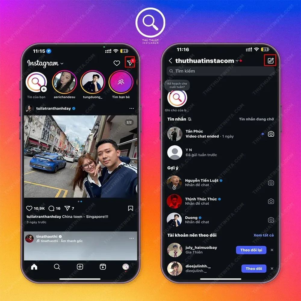Bước 1: Nhấn vào biểu tượng như Messenger/Máy bay giấy ở giao diện chính > Chọn Tạo tin nhắn mới.