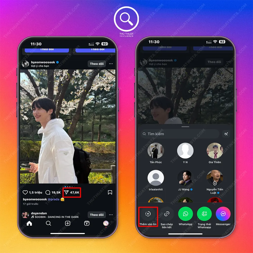 Bước 1: Vào Instagram và chọn bài viết nào mình muốn đăng story > Biểu tượng máy bay giấy > Thêm vào tin của bạn.