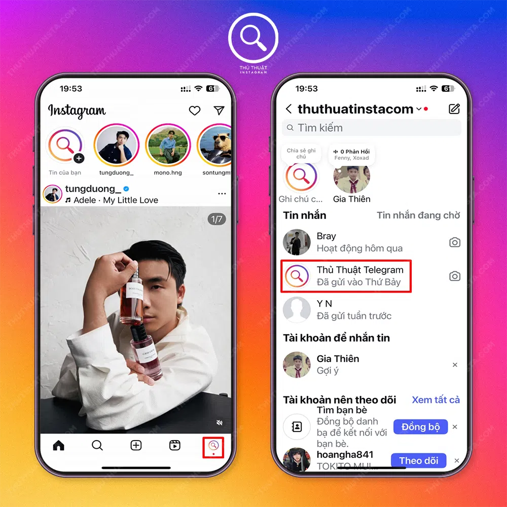 Bước 1: Mở instagram → Chọn “Biểu tượng avatar” → Chọn “Tài khoản bạn muốn lưu trữ tin nhắn”.