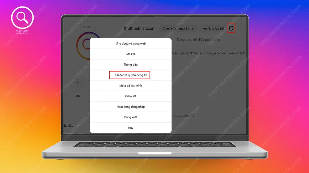 Bước 1: Truy cập Instagram trên trình duyệt bất kỳ > Chọn biểu tượng Cài đặt > Chọn Cài đặt và quyền riêng tư.