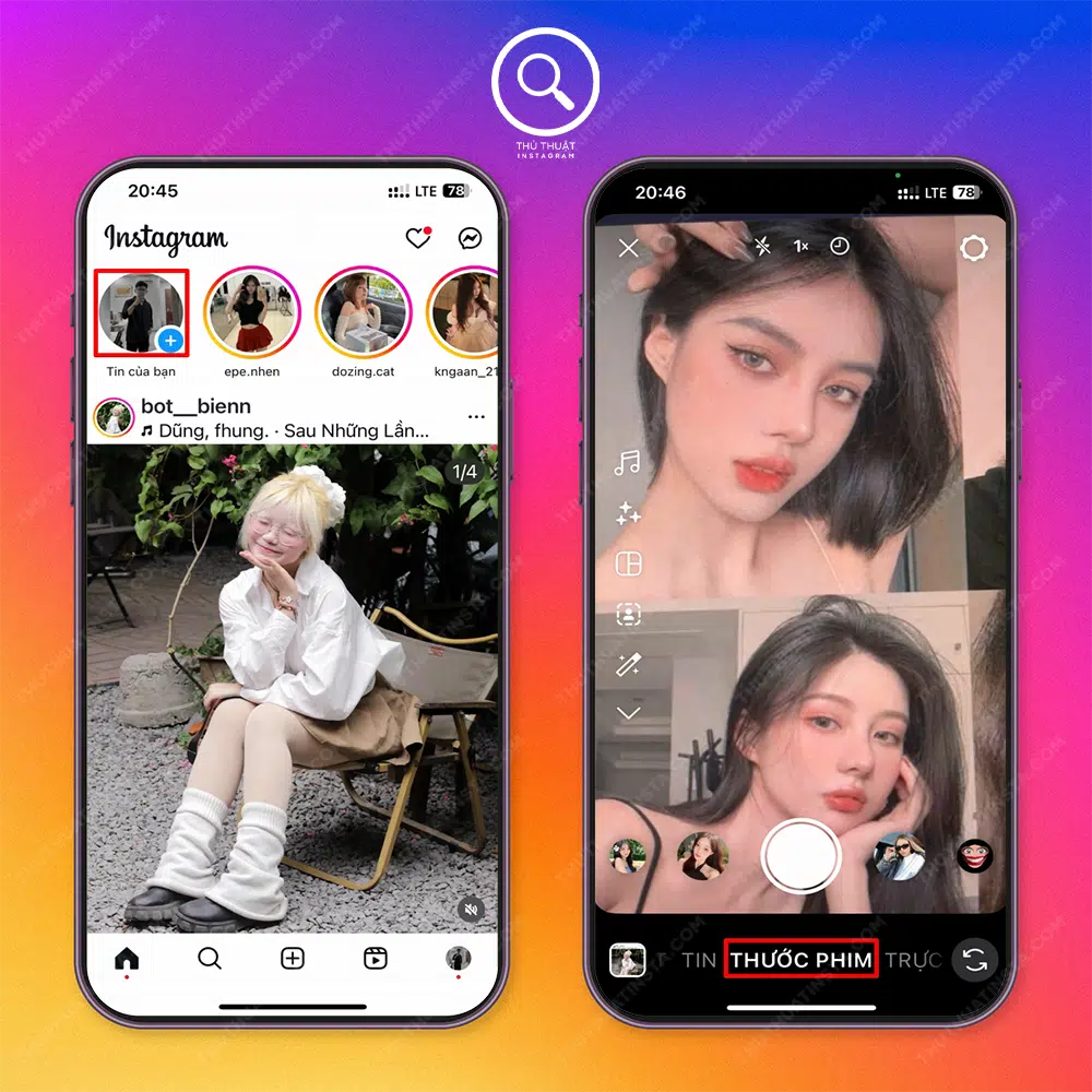 Bước 1: Mở instagram → Chọn “Tin của bạn” → Chọn “Thước phim”.
