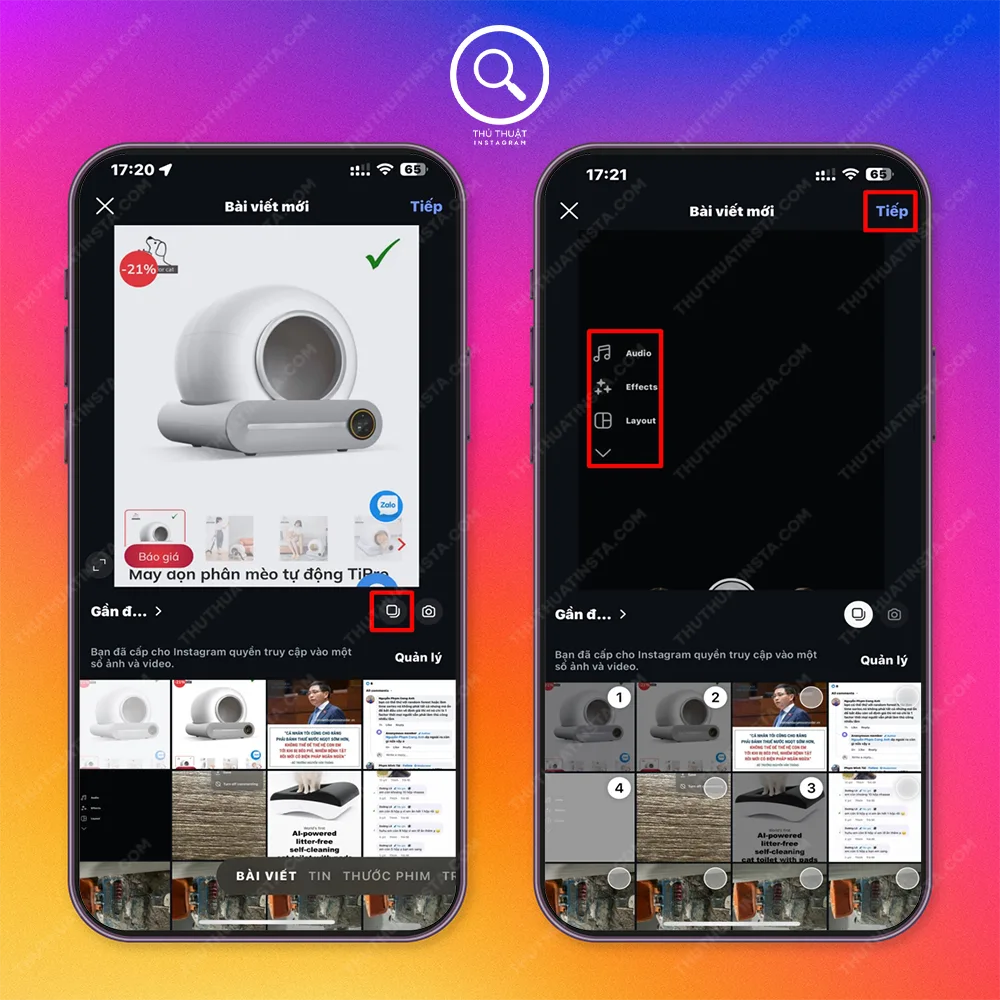 Bước 1: Vào ứng dụng Instagram > Nhấn biểu tượng ô vuông dấu cộng > Chọn biểu tượng 2 ô vuông chồng nhau.