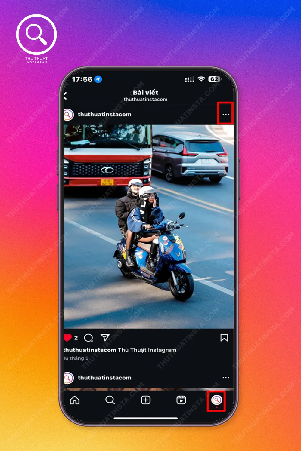 Bước 1: Vào Instagram, chọn bài viết mình đang cần xoá > Nhấn vào nút 3 chấm dọc bên phải.