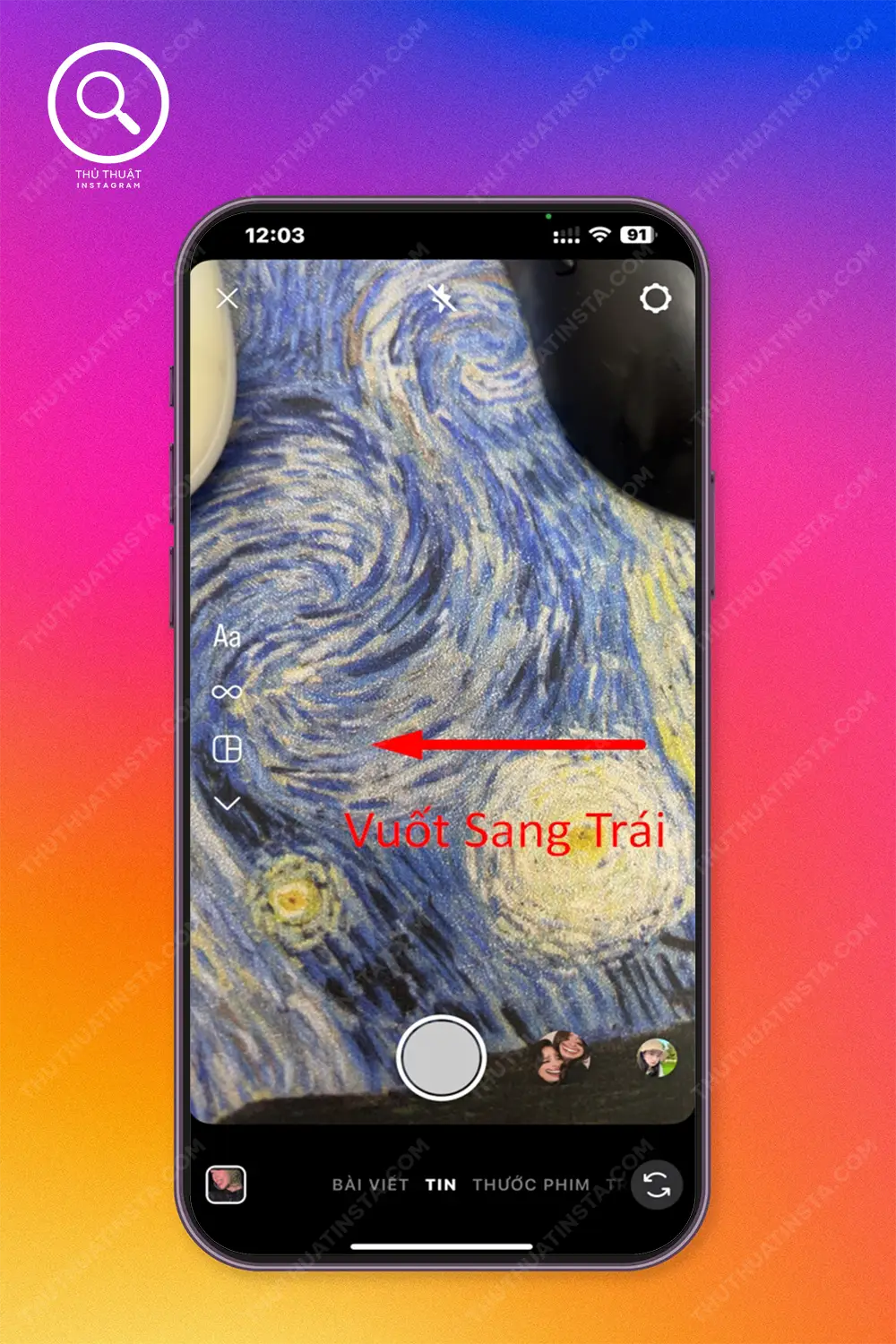 Bước 1: Vào Instagram và vuốt sang trái > Chọn biểu tượng cài đặt.