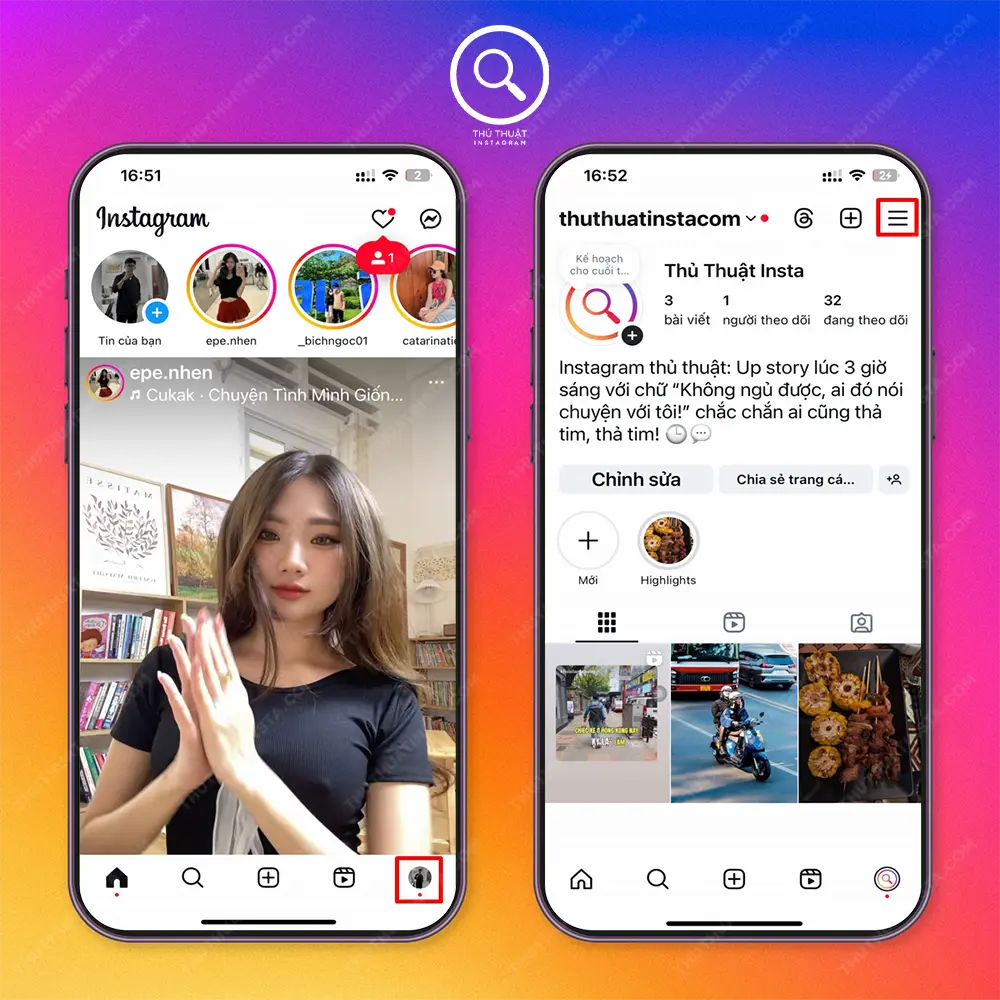 Bước 1: Chọn “Biểu tượng avatar” → Chọn “Biểu tượng 3 dấu gạch ngang”.