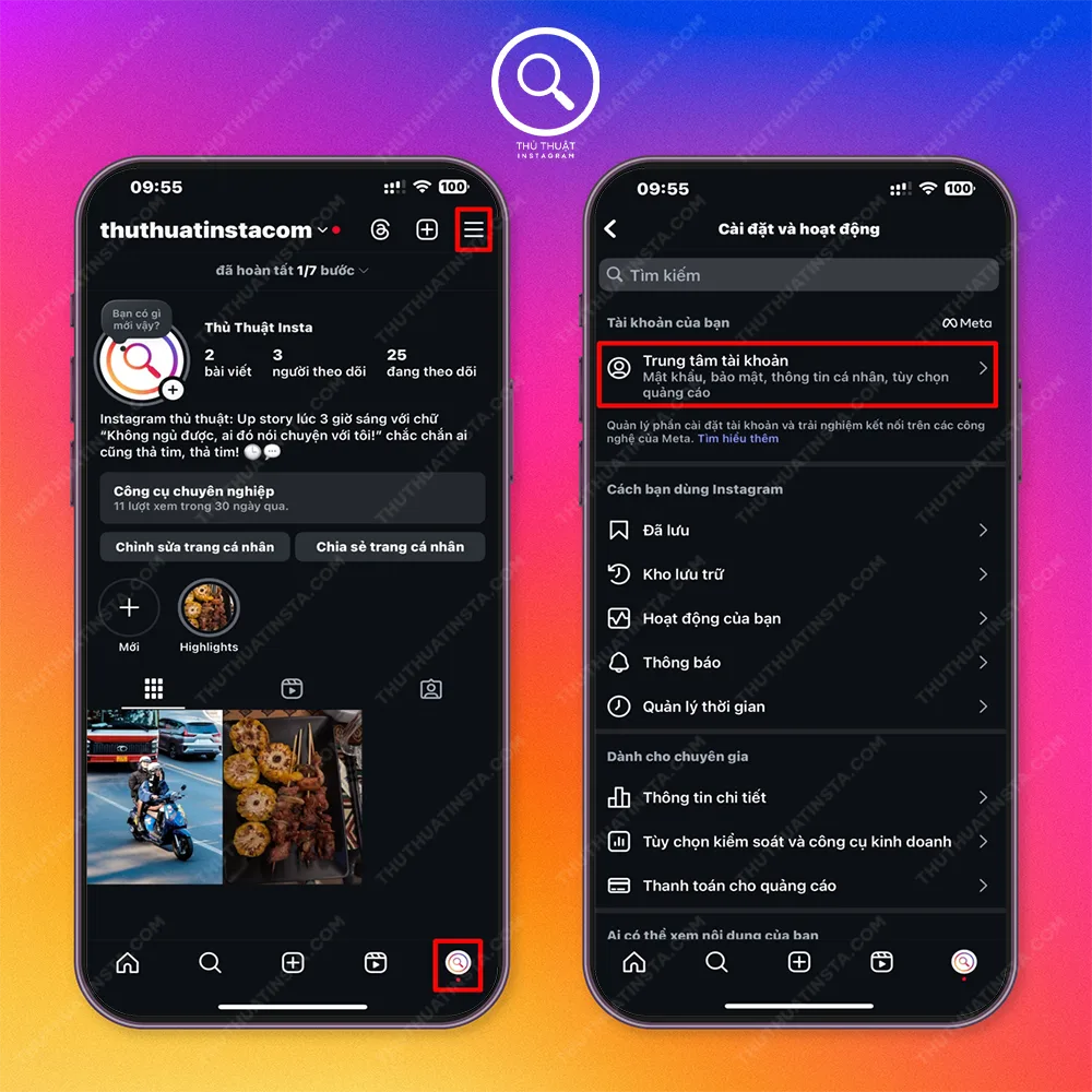 Bước 1: Nhấp vào 3 dấu gạch ngang > Chọn Trung tâm tài khoản.