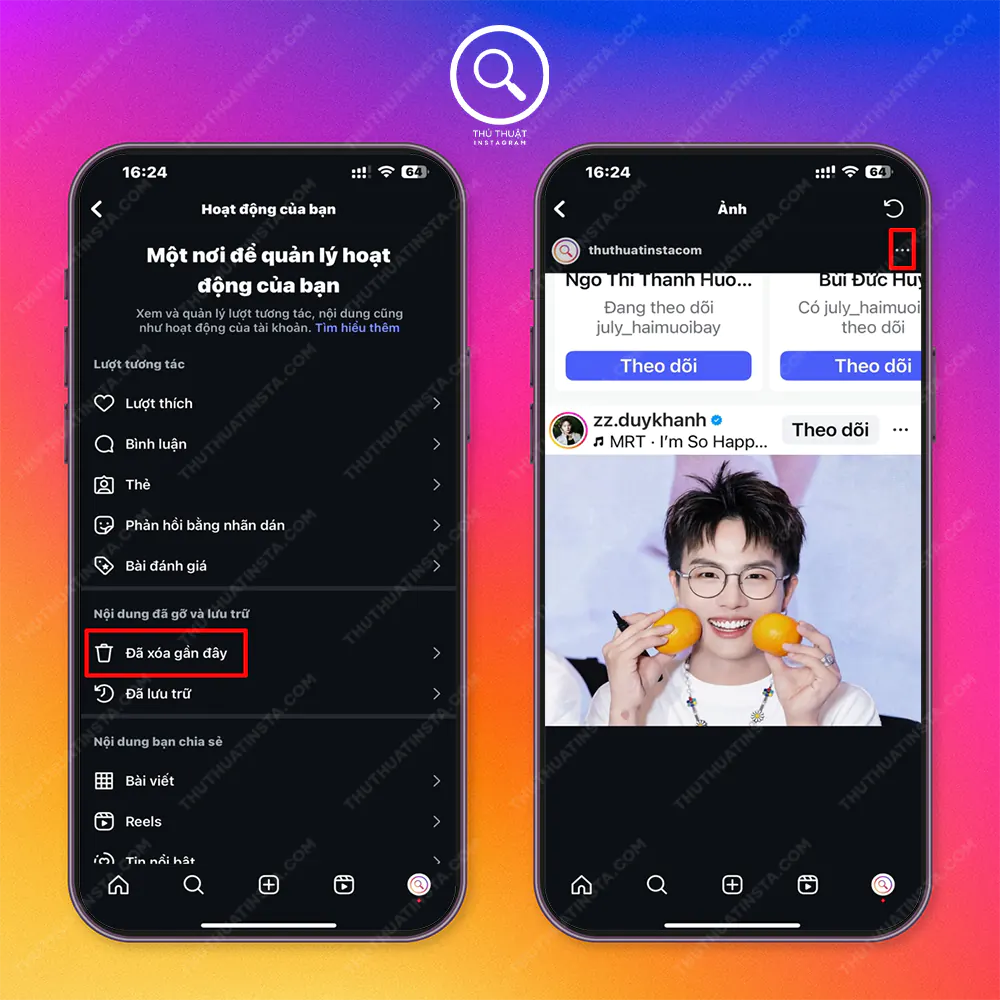 Bước 2: Chọn Đã xóa gần đây > Chọn phần lưới > Chọn bài viết cần khôi phục > Chọn biểu tượng 3 dấu chấm.