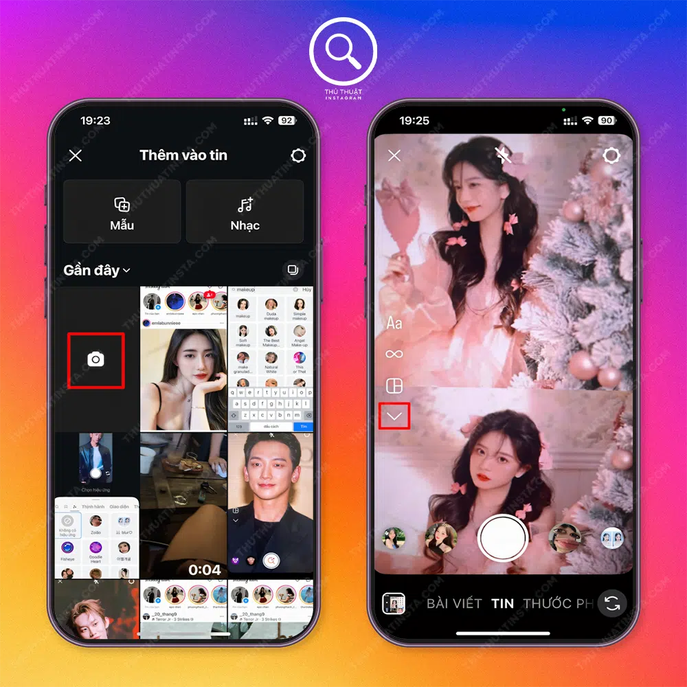 Bước 2: Chọn “Biểu tượng camera” → Chọn “Mũi tên xuống”.