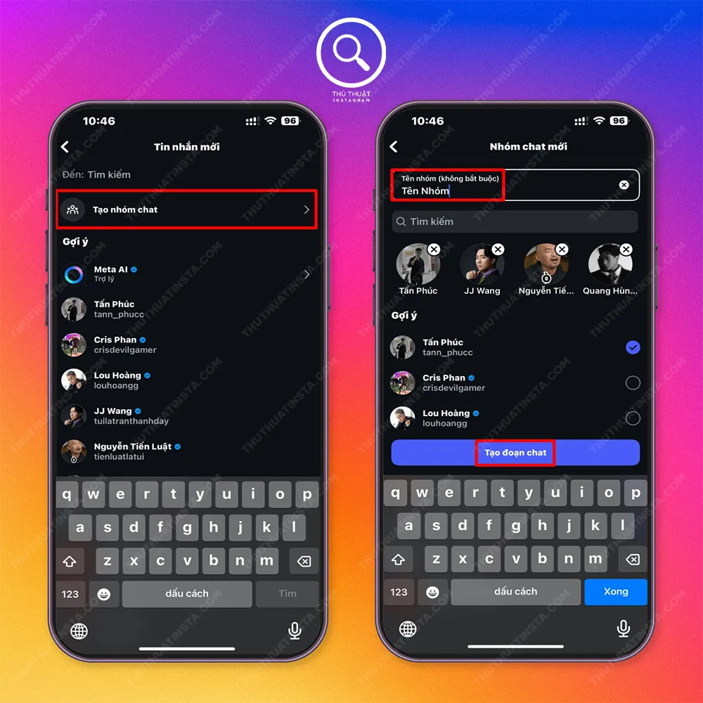 Bước 2: Tạo 1 nhóm chat > Đặt tên, chọn các thành viên vào nhóm và chọn tạo nhóm.