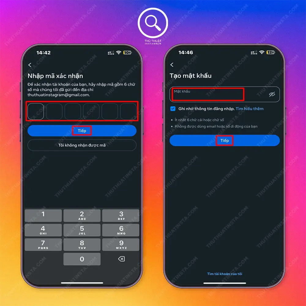 Bước 2: Nhập mã được gửi về email hoặc số điện thoại > Tiếp > Tạo mật khẩu > Tiếp.