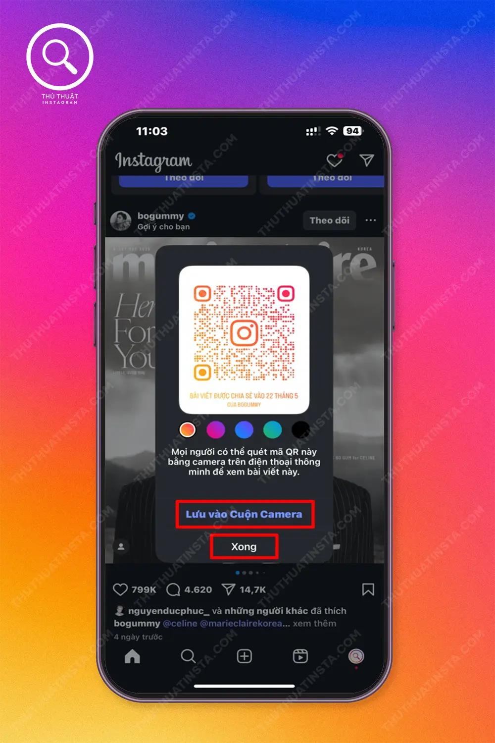 Bước 2: Có thể đổi màu QR và nhấn Lưu vào cuộn Camera.