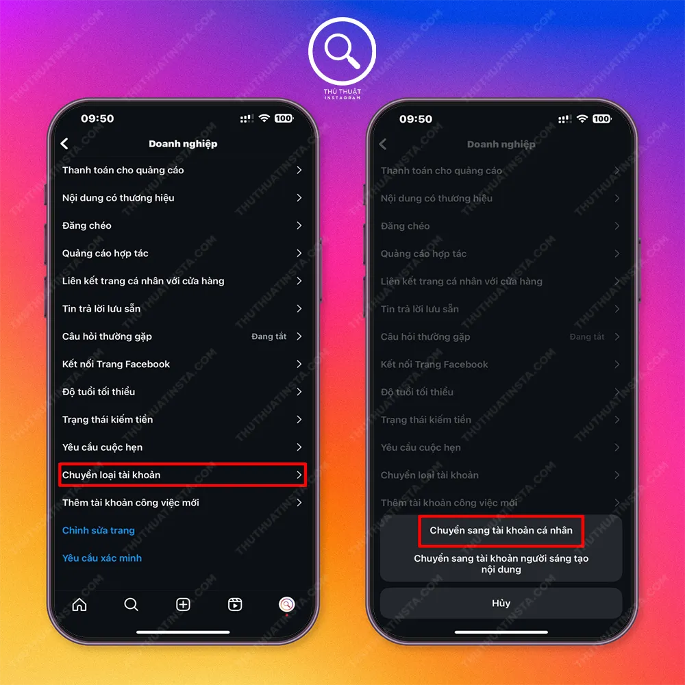 Bước 2: Chọn Chuyển dạng tài khoản > Chuyển sang tài khoản cá nhân.