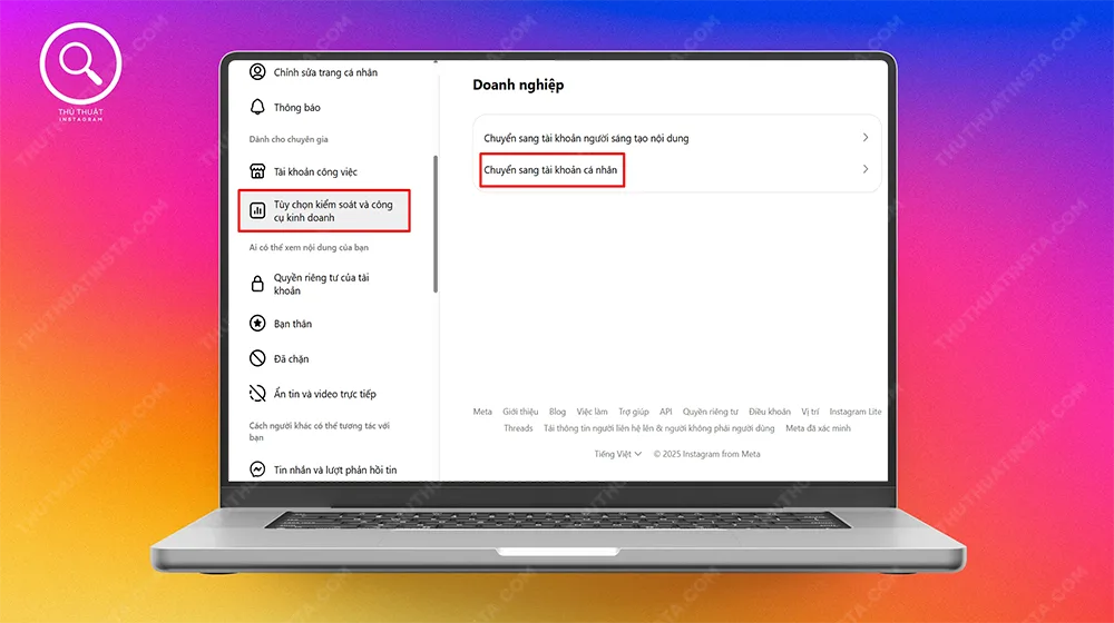 Bước 2: Chọn Tùy chọn kiểm soát và công cụ kinh doanh > Chuyển sang tài khoản cá nhân.
