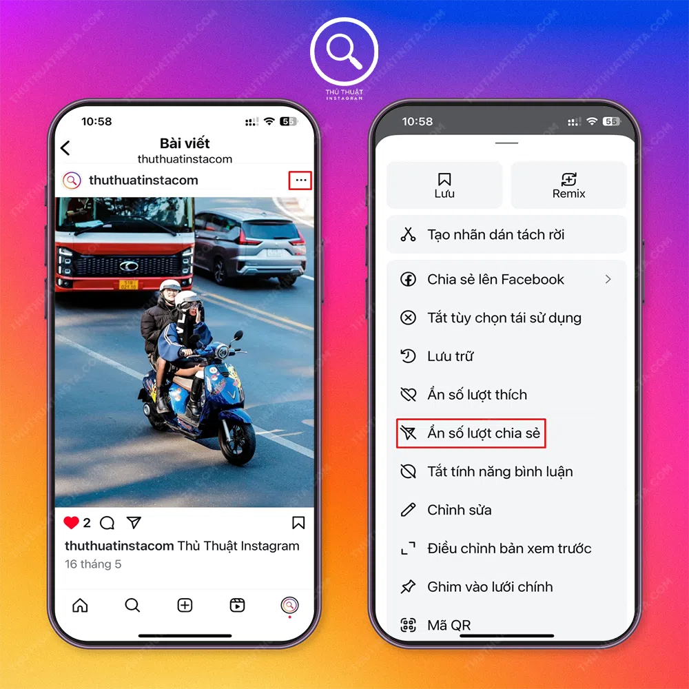 Bước 3: Chọn “Dấu 3 chấm” → Chọn “Ẩn số lượt chia sẻ”.