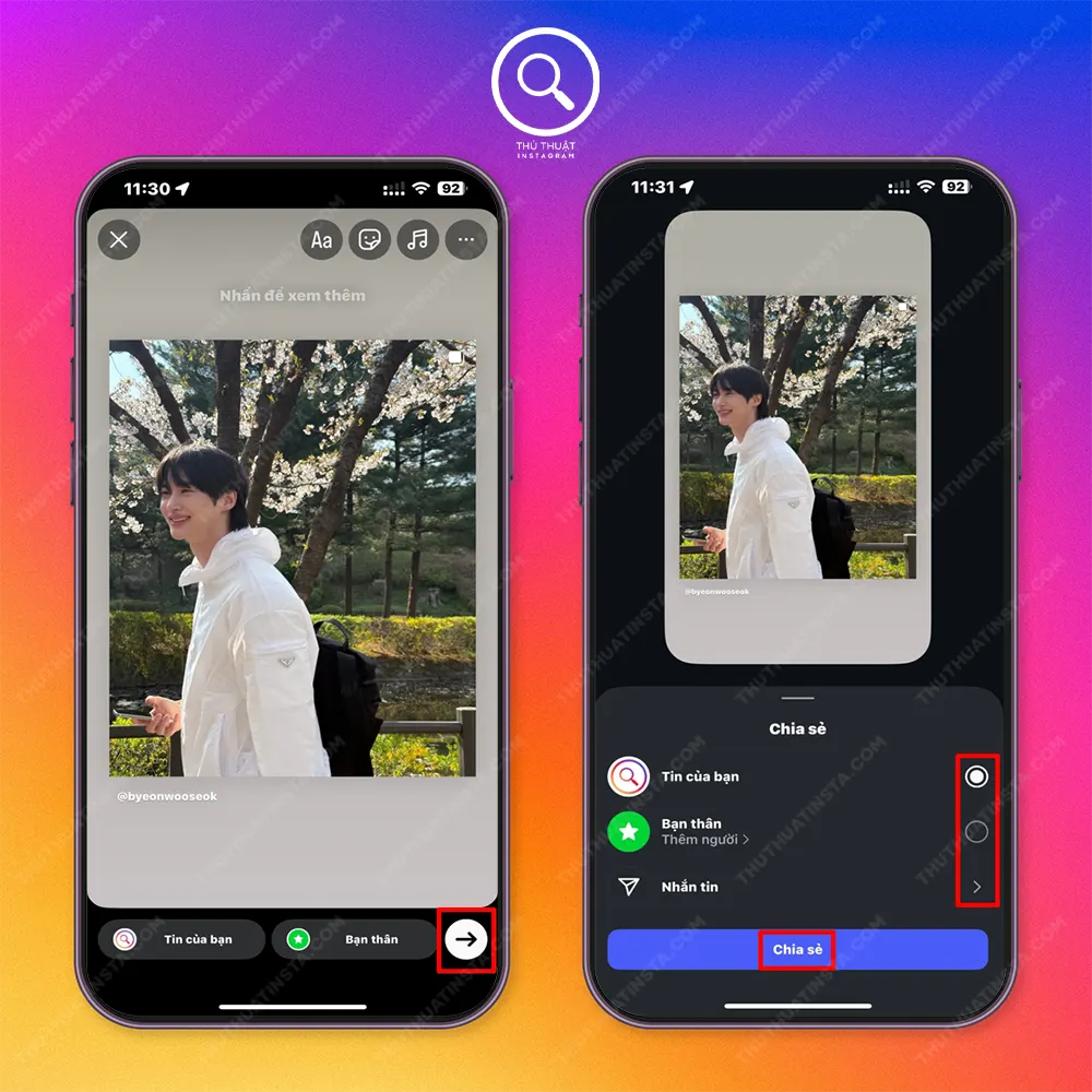 Bước 2: Thêm tuỳ chỉnh nếu cần > Chọn mũi tên trong hình tròn > Chọn option chia sẻ > Chia sẻ.