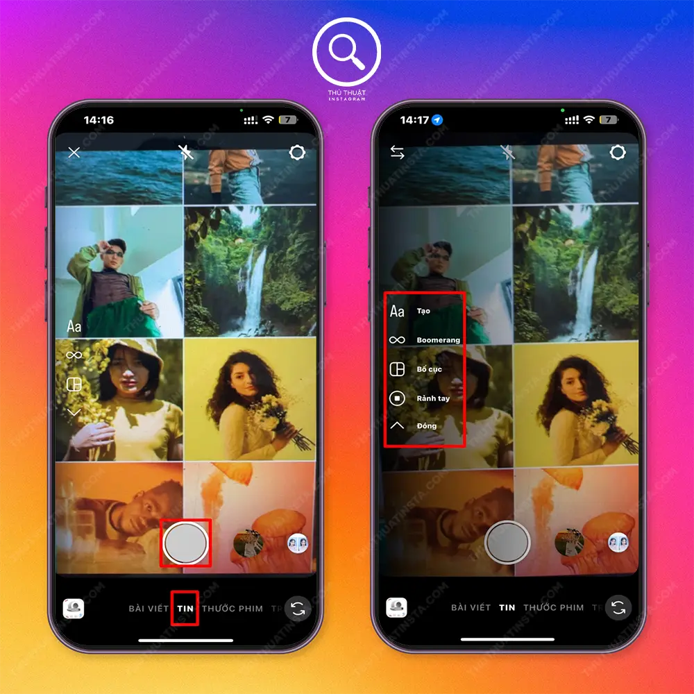 Bước 2: Nhấn mũi tên xuống dưới để có thêm nhiều chế độ > Chọn các kiểu Camera thích hợp (Boomerang, Bố cục, Rảnh tay,...) > Nhấn nút tròn trắng để chụp ảnh hoặc tải ảnh từ thư viện.