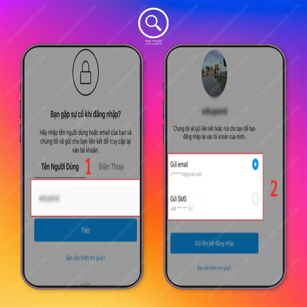 Bước 2: Trường hợp 1 nếu bạn nhập tên người dùng Instagram, ứng dụng sẽ cho bạn chọn nhận mã/link đăng nhập Instagram từ email hoặc SMS. Tick chọn 1 trong 2.
