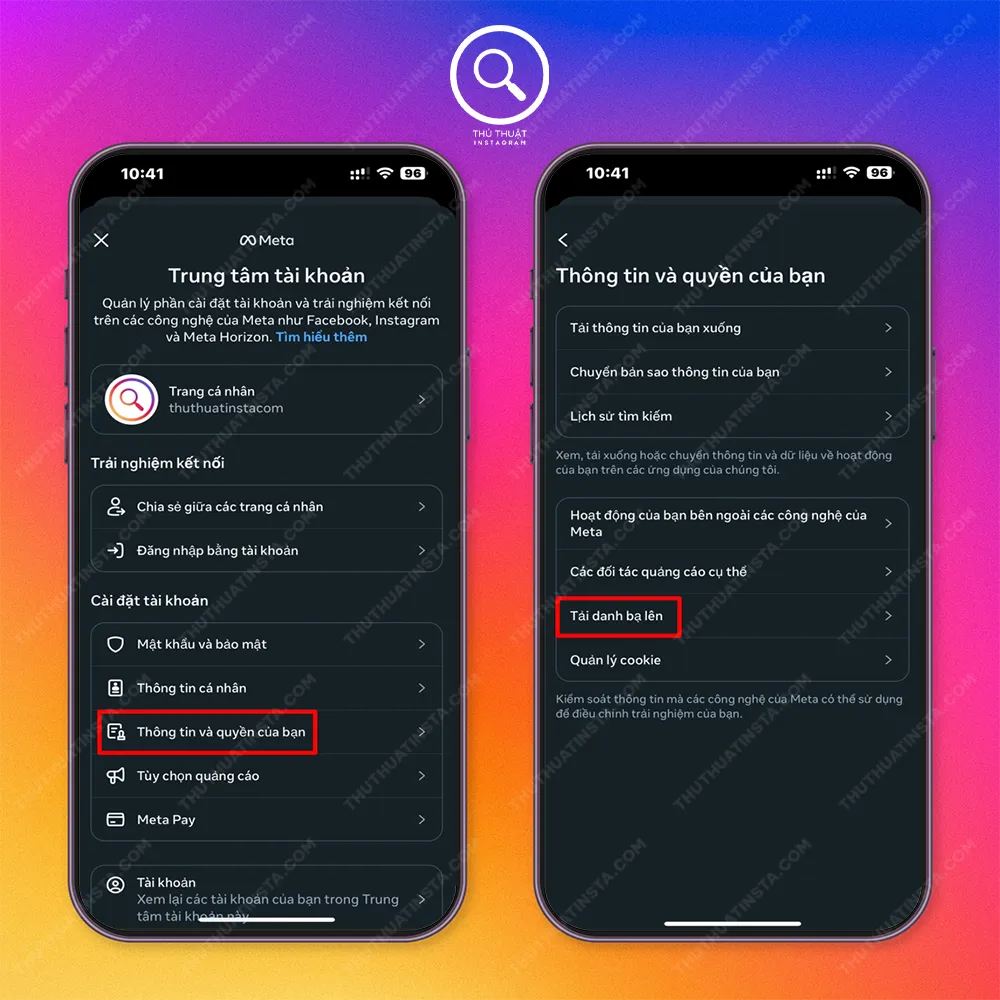 Bước 2: Chọn Thông tin và quyền của bạn > Chọn Tải lên danh bạ (Upload Contacts).