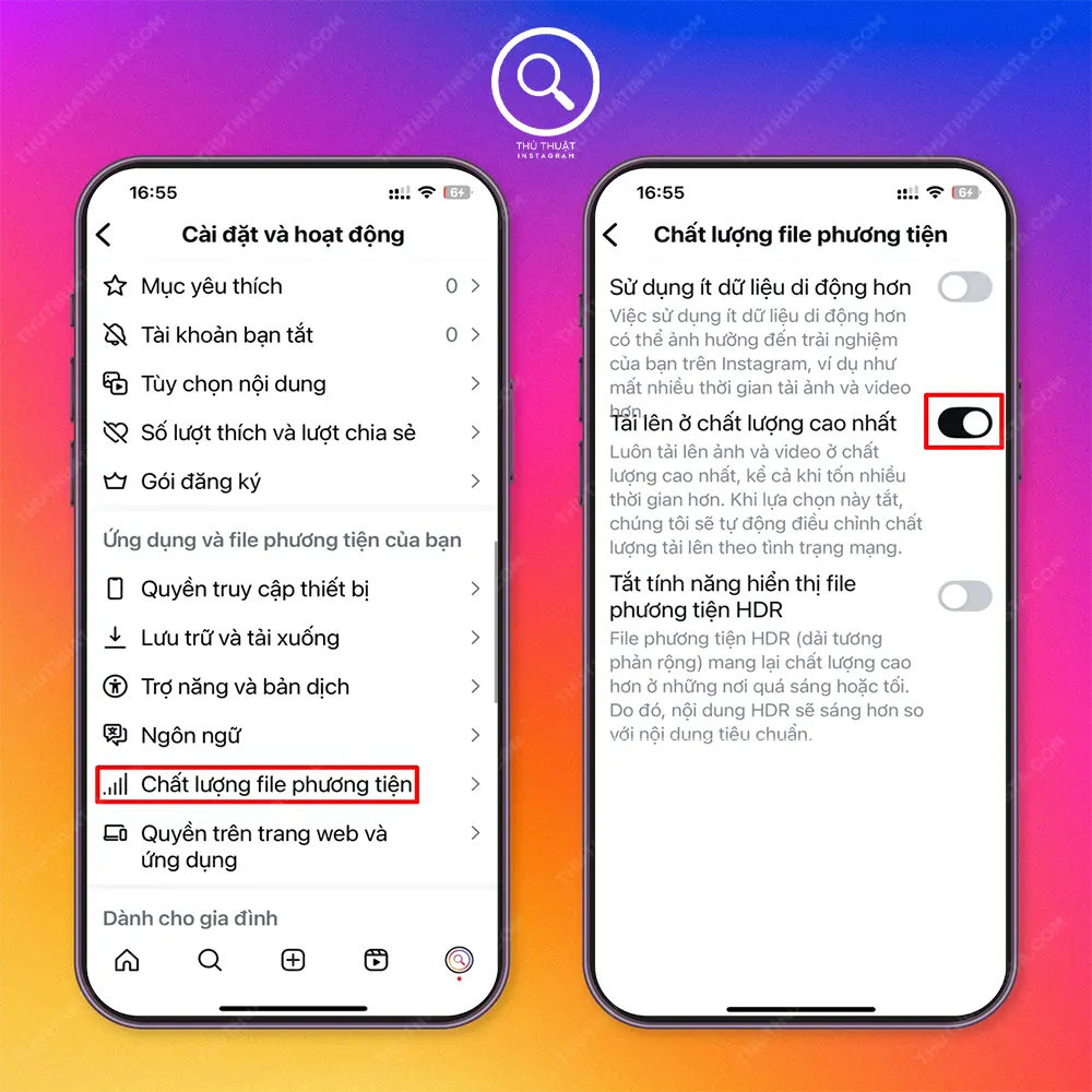Bước 2: Chọn “Chất lượng file phương tiện” → Chọn “Tải lên ở chất lượng cao nhất”.