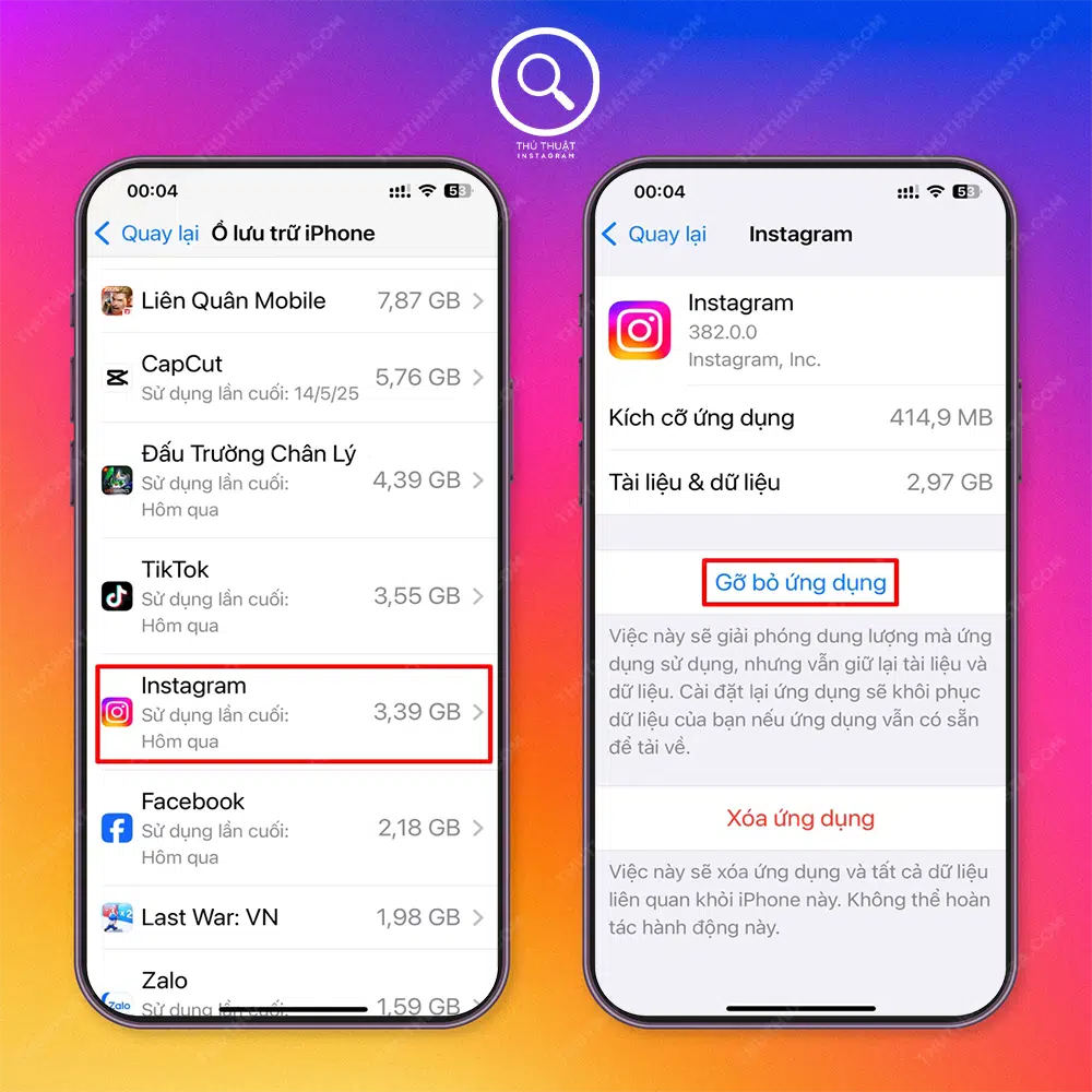 Bước 2: Chọn “instagram” → Chọn “Gỡ bỏ ứng dung”.