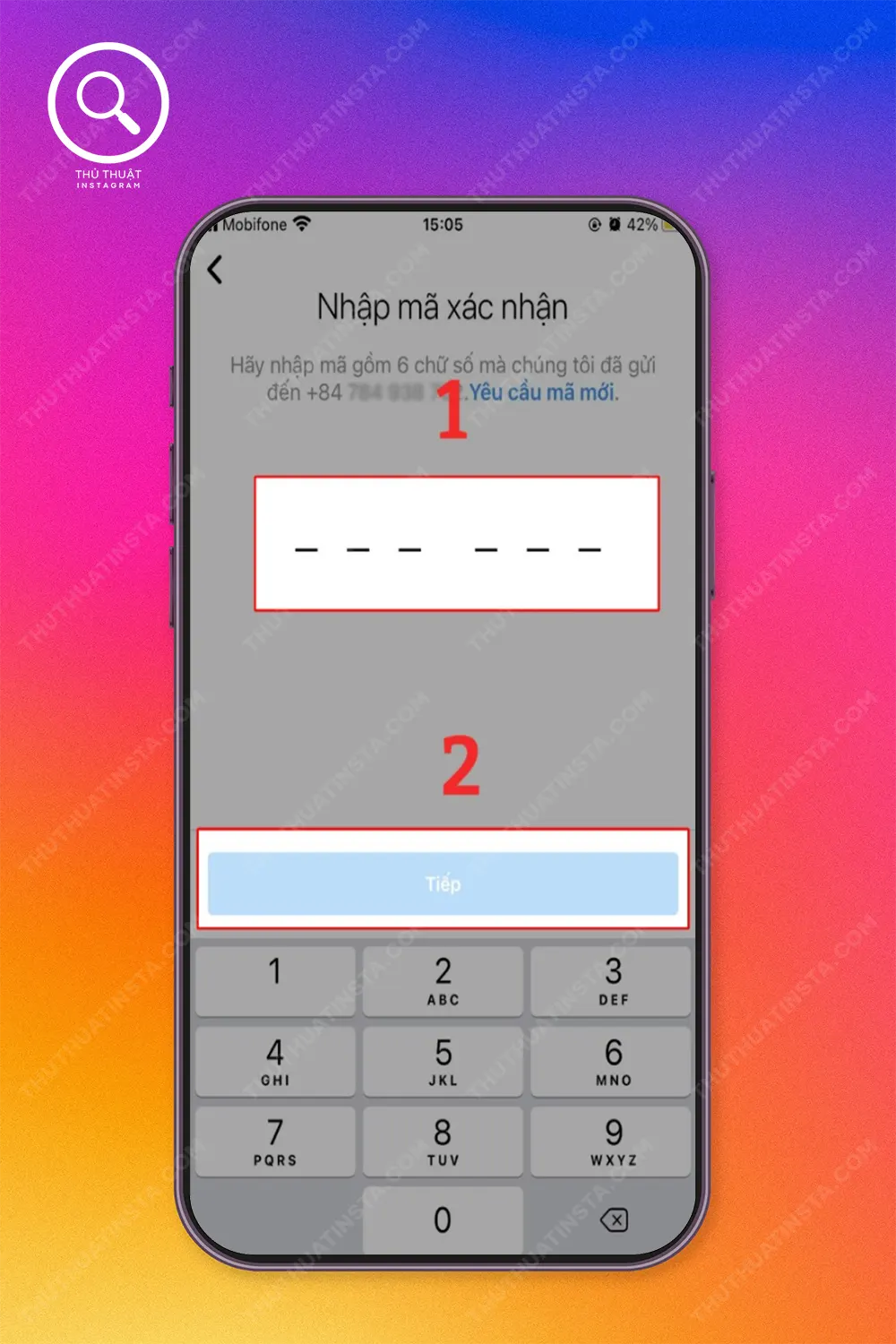 Bước 3: Nhập mã xác nhận (bao gồm 6 chữ số) vừa được gửi đến địa chỉ email hoặc số điện thoại đăng ký Instagram của bạn và bấm nút Tiếp. Chờ vài giây để Instagram xác minh thông tin và cho phép bạn đăng nhập lại vào tài khoản Instagram.