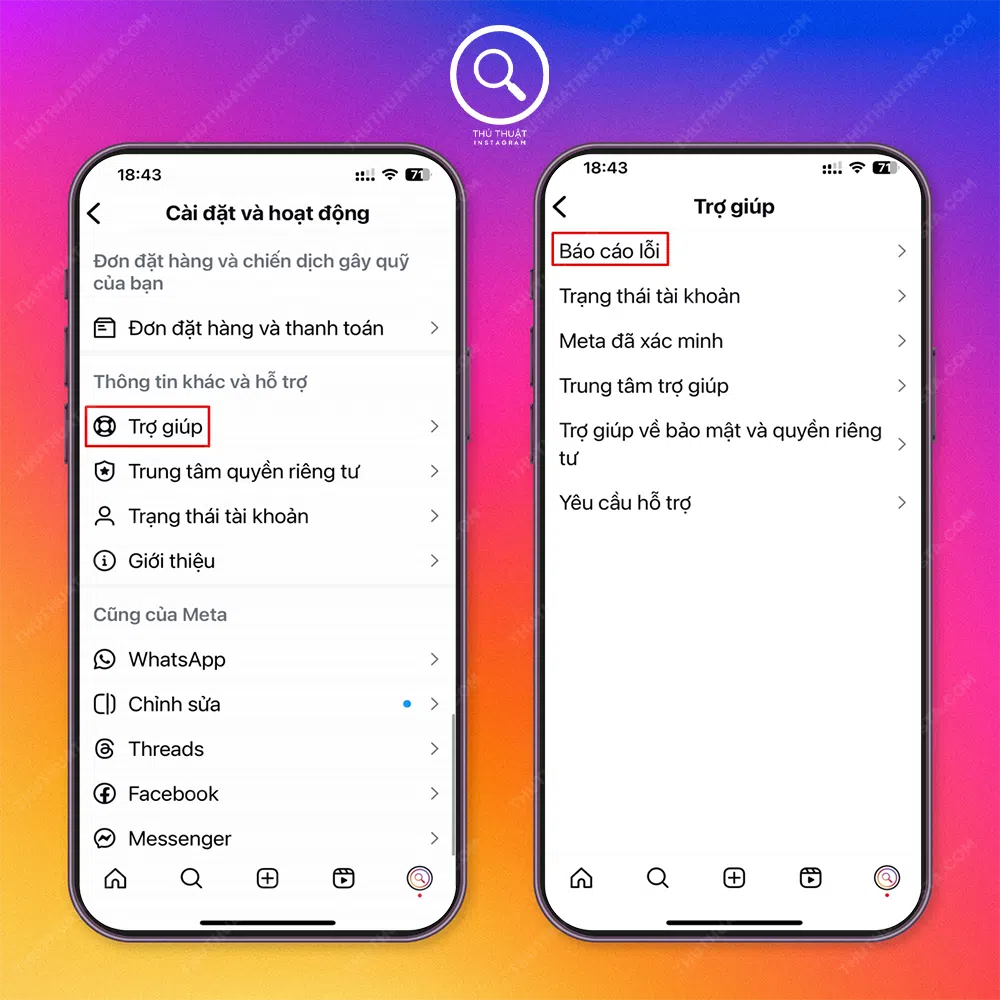 Bước 3: Chọn “Trợ giúp” → Chọn “Báo cáo lỗi”.