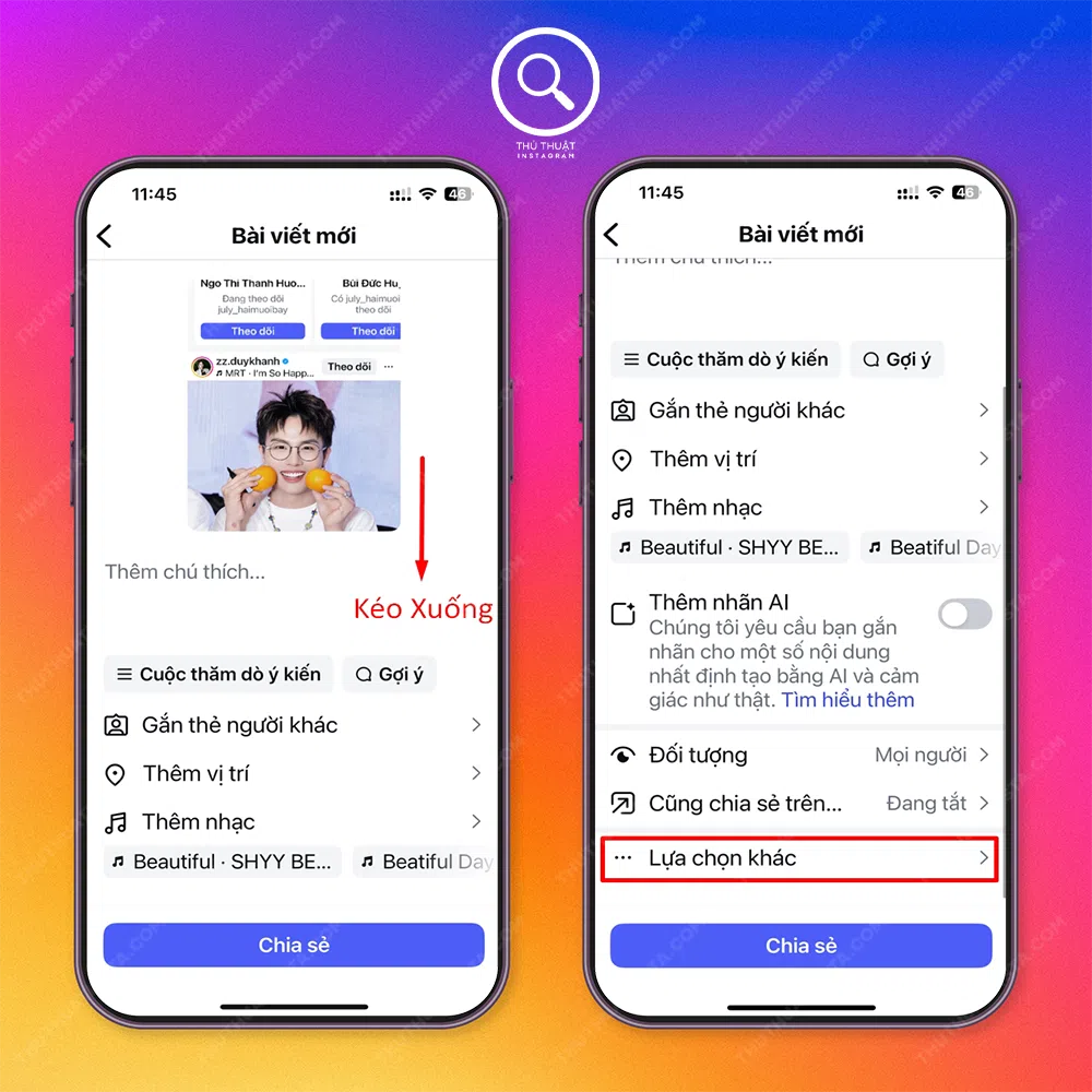 Bước 3: Kéo xuống → Chọn “Lựa chọn khác” biểu tượng dấu 3 chấm.