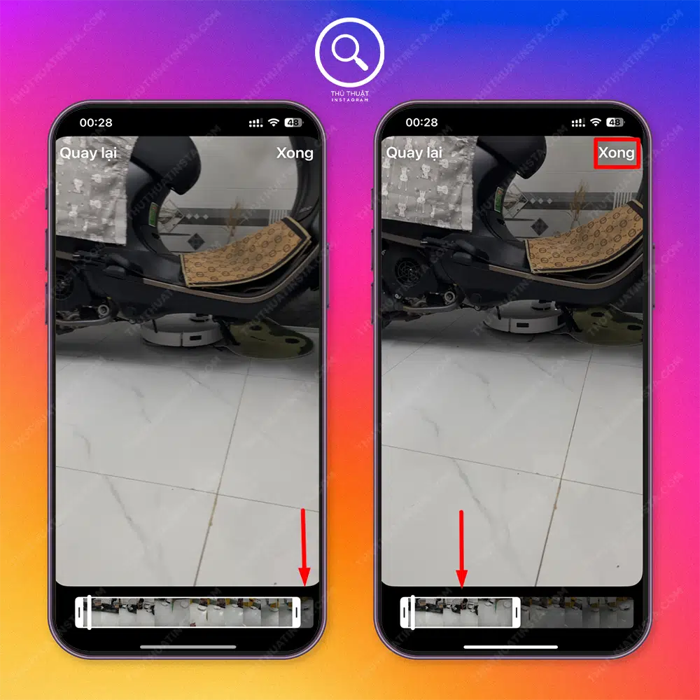 Bước 3: Instagram cho phép bạn đăng video dưới 60 giây. Nhưng nếu bạn muốn đăng video dài hơn 60 giây bạn phải cắt ra từng phần nhỏ như hình bên phải rồi đăng nó 2 lần.